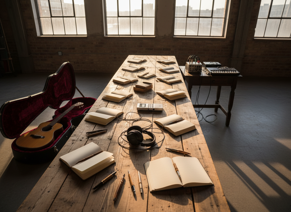 A long reclaimed-wood table in a rustic-modern studio space, covered with open leather-bound notebooks filled with blank pages, scattered fountain pens, a digital audio recorder, and a pair of studio headphones resting on a coiled cable. Nearby, two acoustic guitars lie in plush open cases, with a keyboard and small field recorder on a side desk, suggesting multiple songwriters collaborating. Late-afternoon natural light streams through tall windows, casting soft, directional highlights and elongated shadows across the table. Photographic realism, shot from a slightly elevated angle with the table framed using the rule of thirds, creating a calm, focused, and professional mood that represents the creative process behind the sessions.
