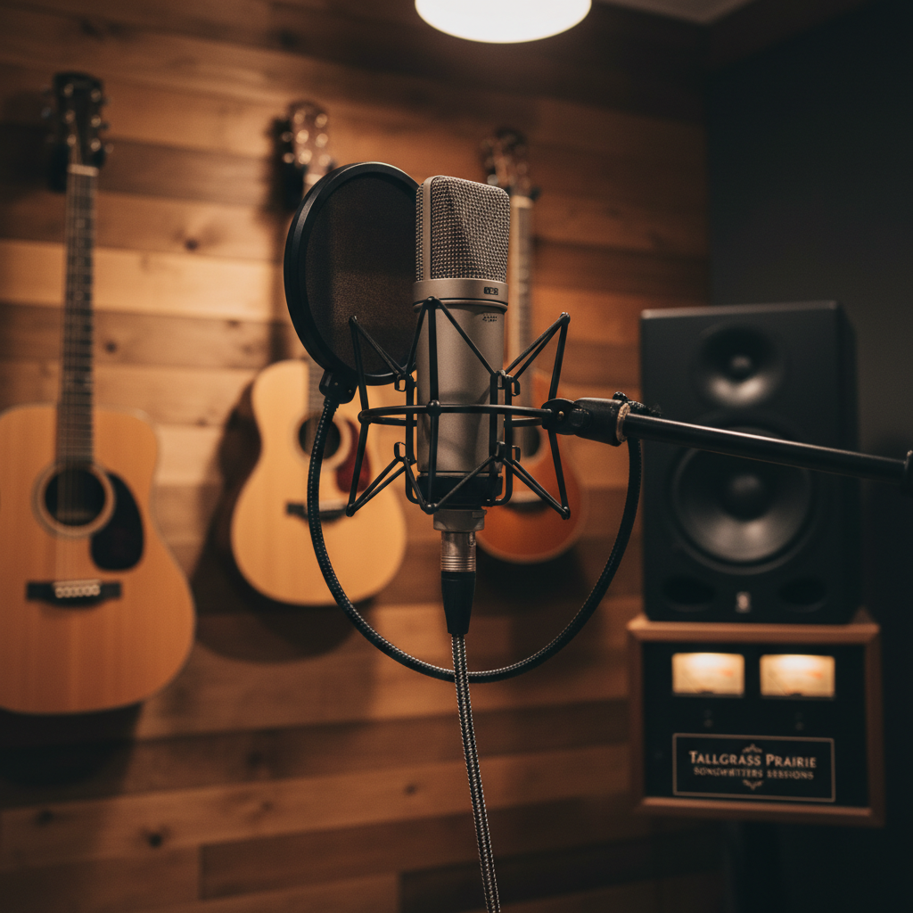 A close-up, low-angle photographic view of a single high-quality condenser microphone in a professional recording booth, with a pop filter, shock mount, and braided XLR cable leading out of frame. In the softly blurred background, multiple guitar and mandolin silhouettes hang on a wooden wall, with a large studio monitor speaker and analog-style meters hinting at live recording of songwriter sessions. Warm, focused overhead studio lighting creates a clean rim light on the microphone grille and subtle bokeh highlights in the background. The mood is polished, intimate, and serious, emphasizing the professional audio quality of the Tallgrass Prairie Songwriters Sessions.