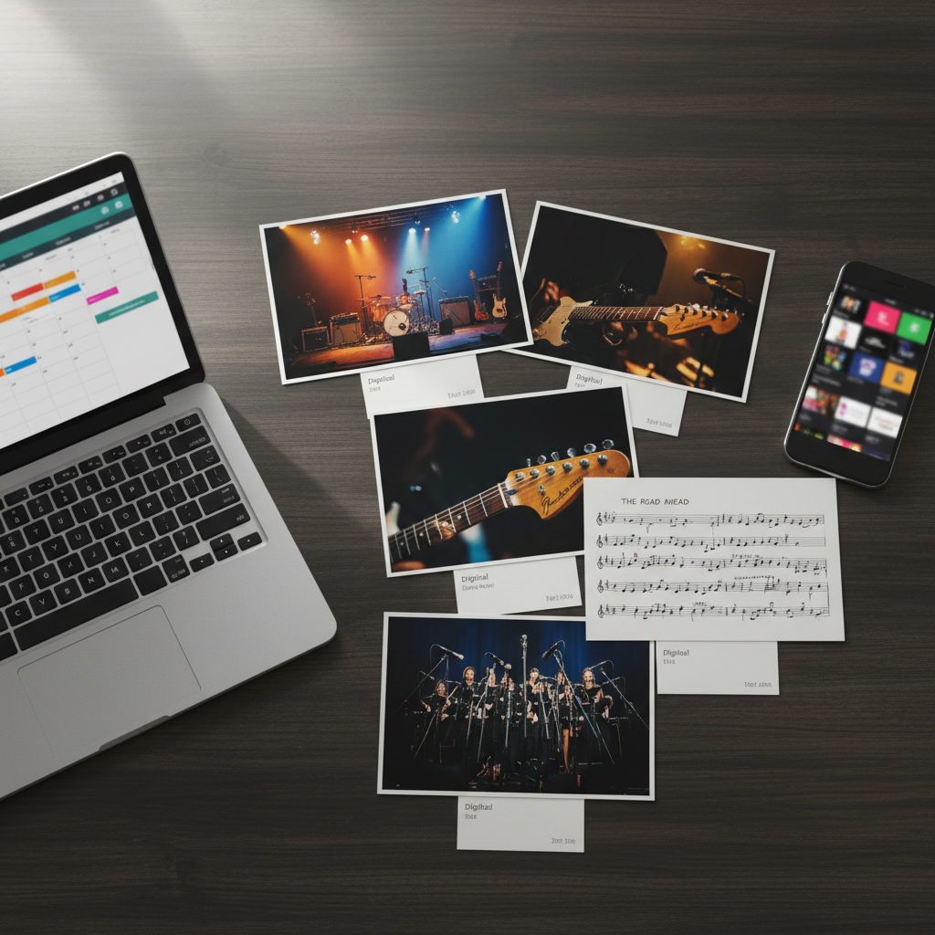 A collage-style overhead photographic composition of printed 4x6 event photos laid out on a dark wooden desk: different scenes of instruments on stage, close-ups of guitar headstocks, microphone arrays, and lyric sheets labelled with small, blank caption cards left visually empty for later digital artist names and dates. A laptop with an event calendar open (screen content intentionally abstract and unreadable) sits to one side, and a smartphone with a glowing screen hints at clickable links to artists. Soft diffused morning light from a nearby window creates gentle, even illumination, minimal reflections, and a professional, archival mood ideal for showcasing past and upcoming songwriter sessions.