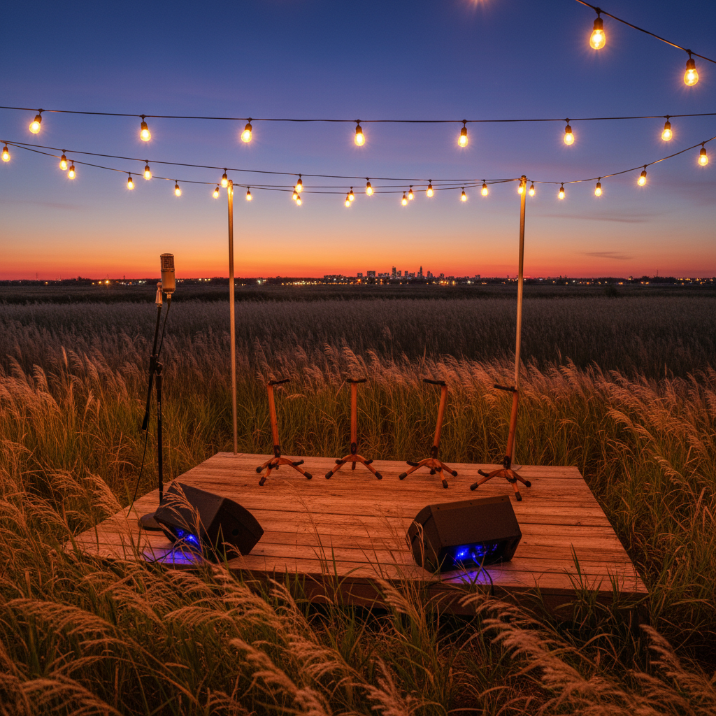 An evening outdoor songwriter session setup on a tallgrass prairie edge, featuring a low wooden platform with several empty guitar stands, a single classic condenser microphone on a stand, and two illuminated stage monitors. Tall grasses sway in the mid-ground, while a subtle, abstracted skyline glows in the far distance. Golden hour light fades into twilight, with string lights overhead casting warm, sparkling highlights and soft pools of light on the stage. Photographic realism, wide-angle composition with sharp focus throughout, evoking an organic, serene, and slightly cinematic atmosphere that visually ties the event to its Tallgrass Prairie identity.